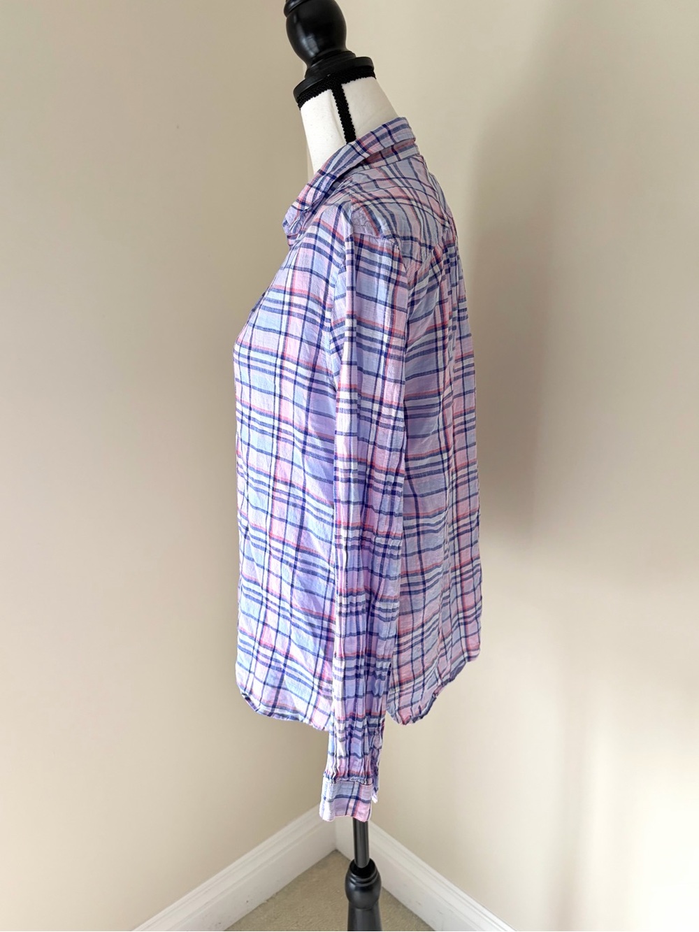J.Crew Plaid Cotton Popover Shirt Blouse Pink Blue Size 12 - Picture 6 of 8